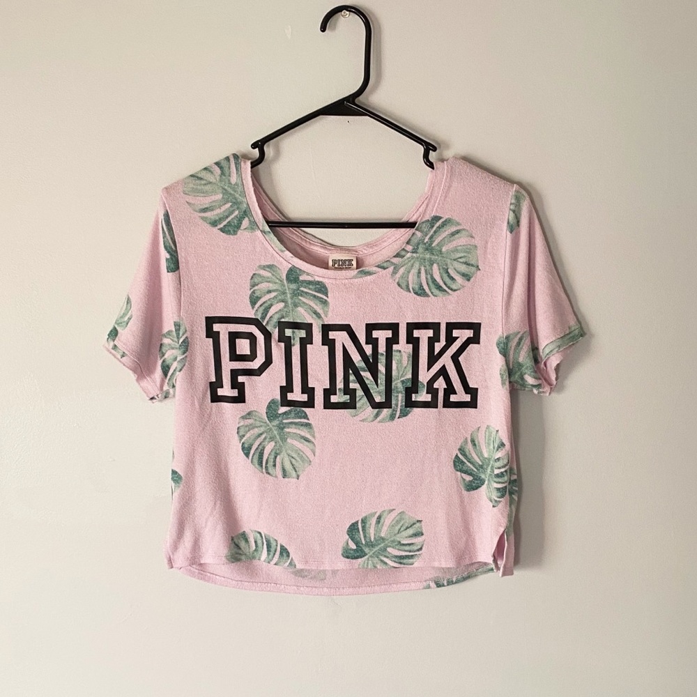 PINK Lounge Throw Over Cropped Palm Leaf Short Sleeve Logo Tee